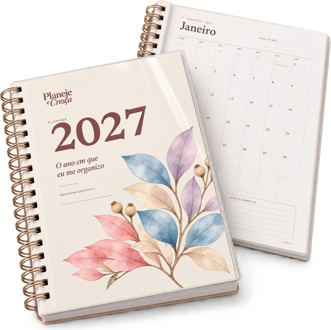Planner 2027 impresso e encadernado em espiral, com a página de janeiro aberta atrás