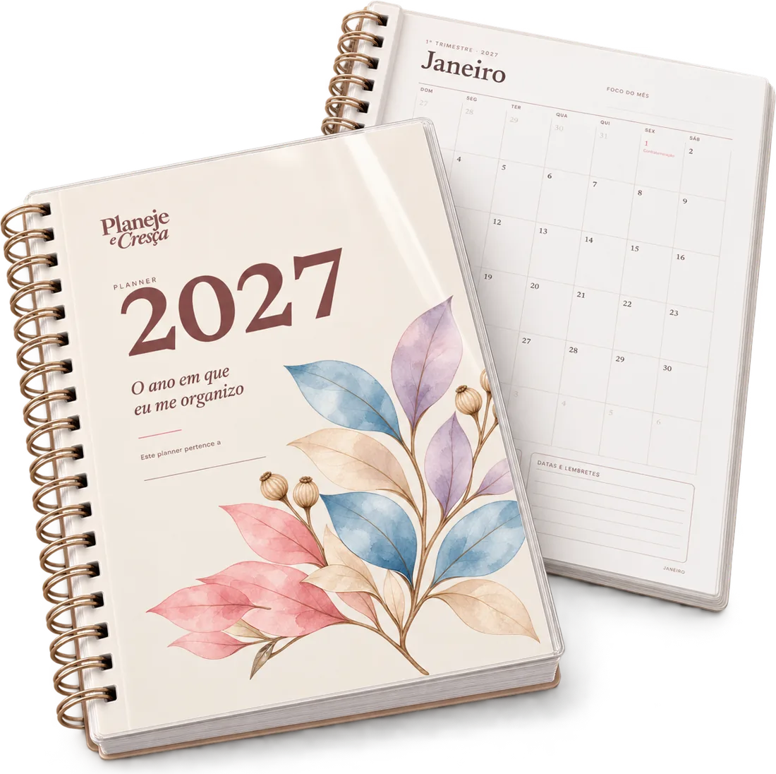 Planner 2027 impresso e encadernado em espiral, com a página de janeiro aberta atrás