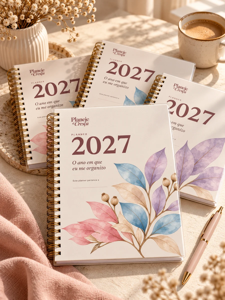 Simulação de quatro unidades do Planner 2027 encadernadas com espiral dourado e acabamento caprichado.