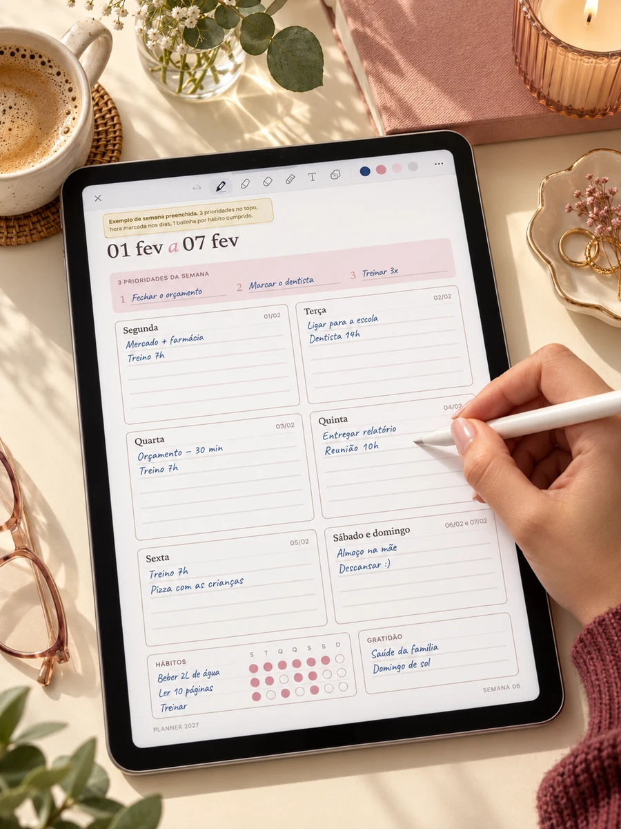Simulação de uma mão feminina preenchendo a página semanal do planner em um tablet com caneta digital.